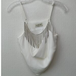 Nicholas Rhinestone Fringe Cowl Neck Ivory Crop Top – Women’s M
